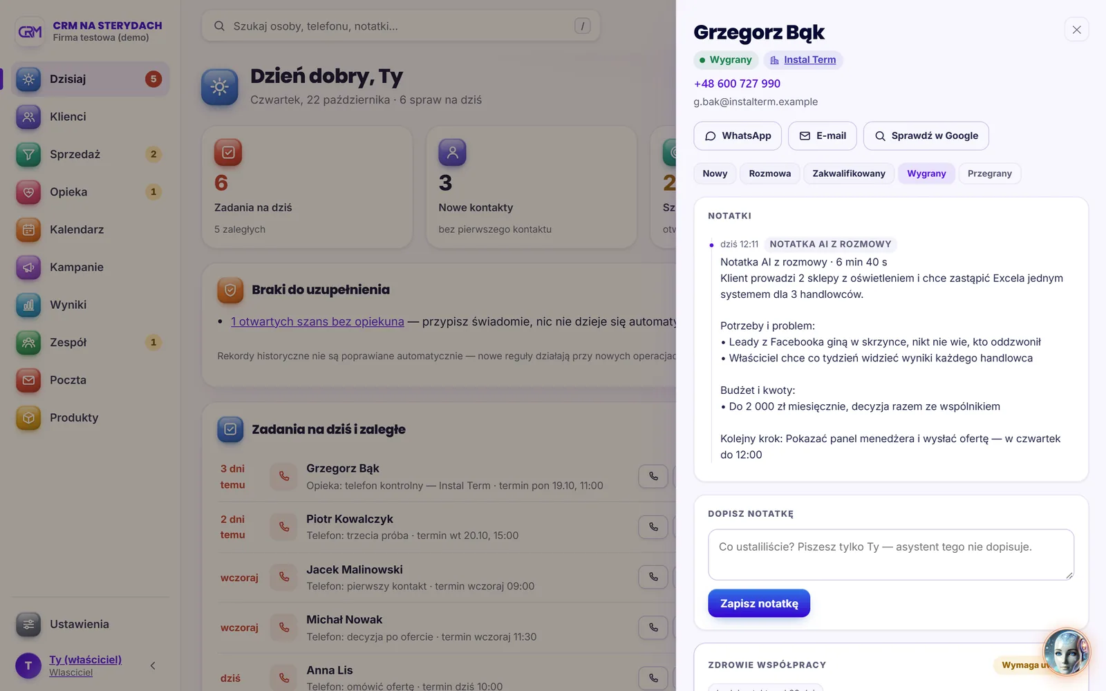Ekran Karta klienta w CRM NA STERYDACH: Cała historia klienta w jednym miejscu