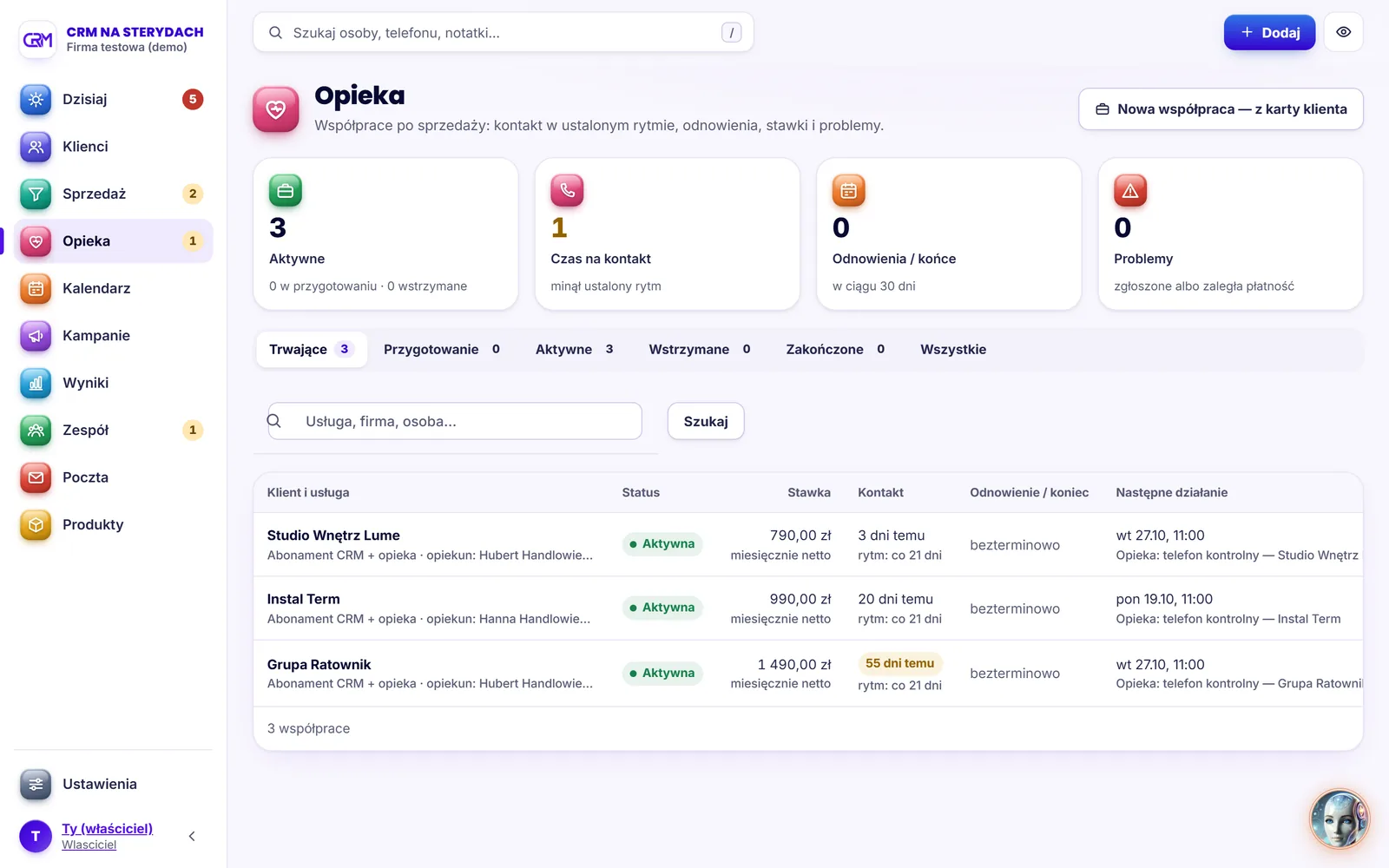 Ekran Opieka w CRM NA STERYDACH: Opieka po sprzedaży i odnowienia