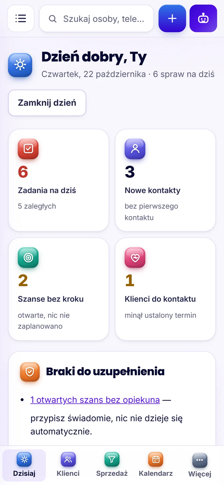 Ekran Dzisiaj w aplikacji CRM NA STERYDACH na telefonie